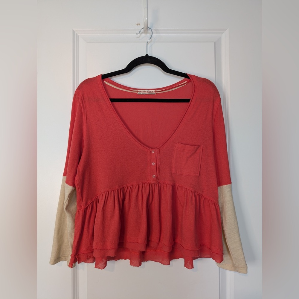 Free People Heart Of Mine Camelia Combo Top V-Neck Henley Style Peplum Sz Medium